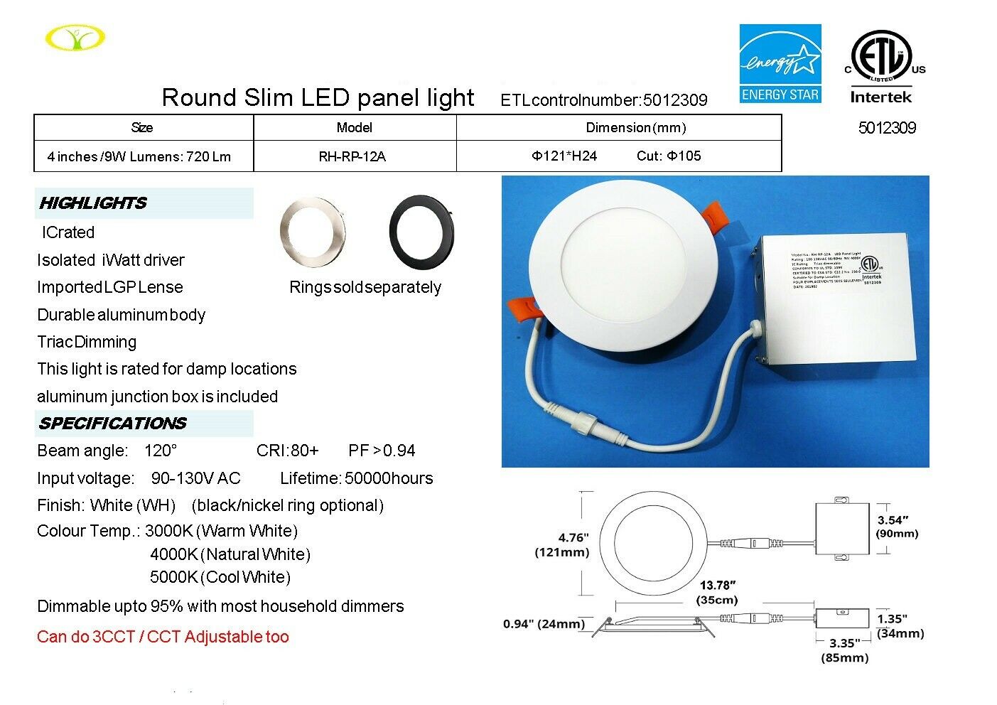 2 Pack 4" Round Slim LED Panel Light Recessed Downlight